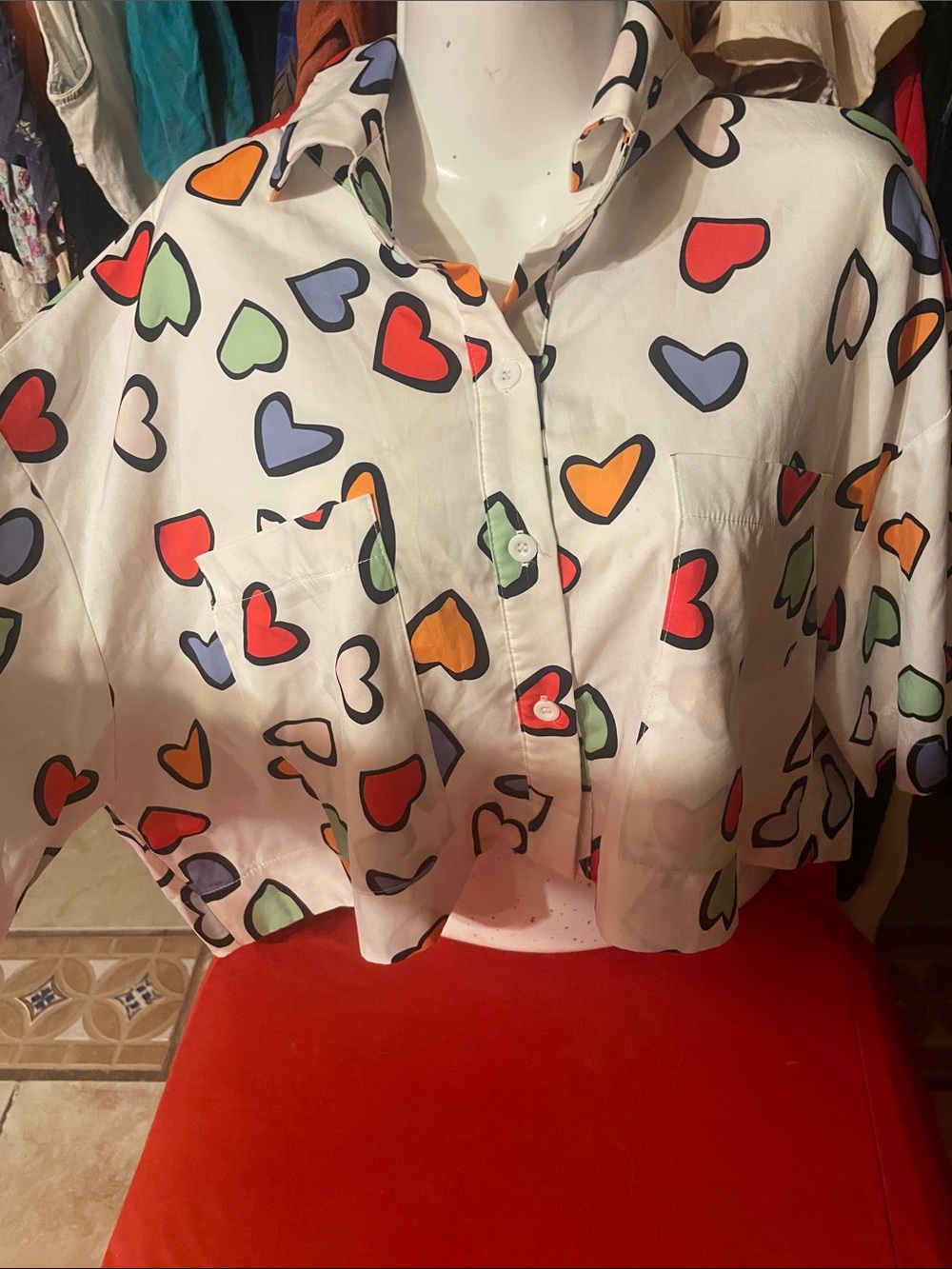 Heart Print Button-Up Shirt - White with Multi-Color Hearts